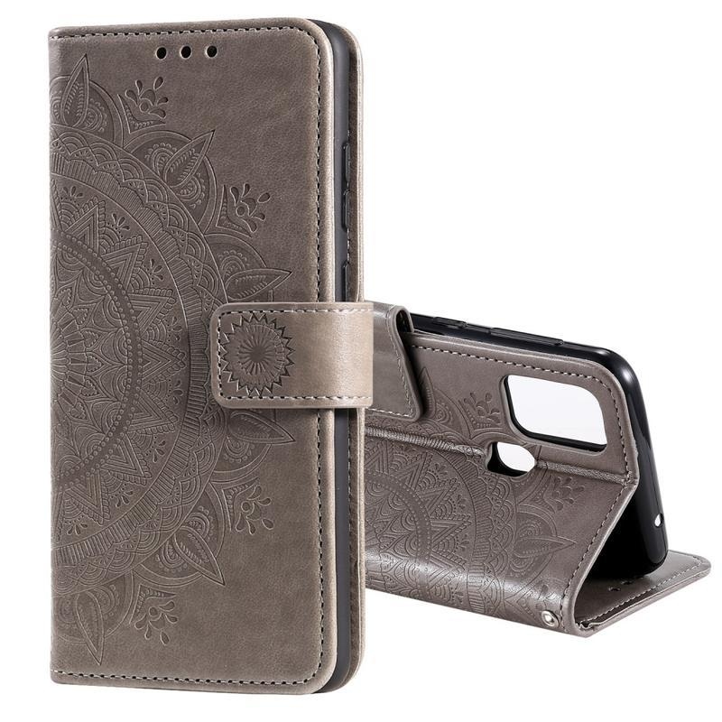 Virág PU bőr pénztárca tok Honor 9X Lite-hoz - szürke