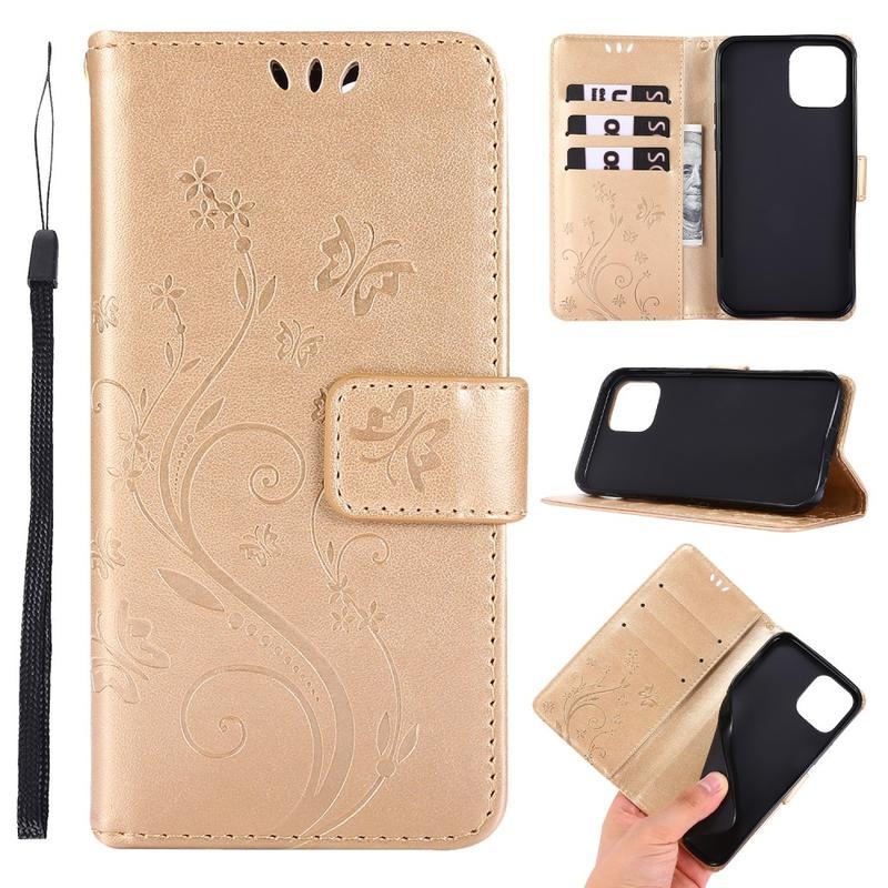 Virág PU bőr tok iPhone 12 Pro/12 készülékhez - arany színben