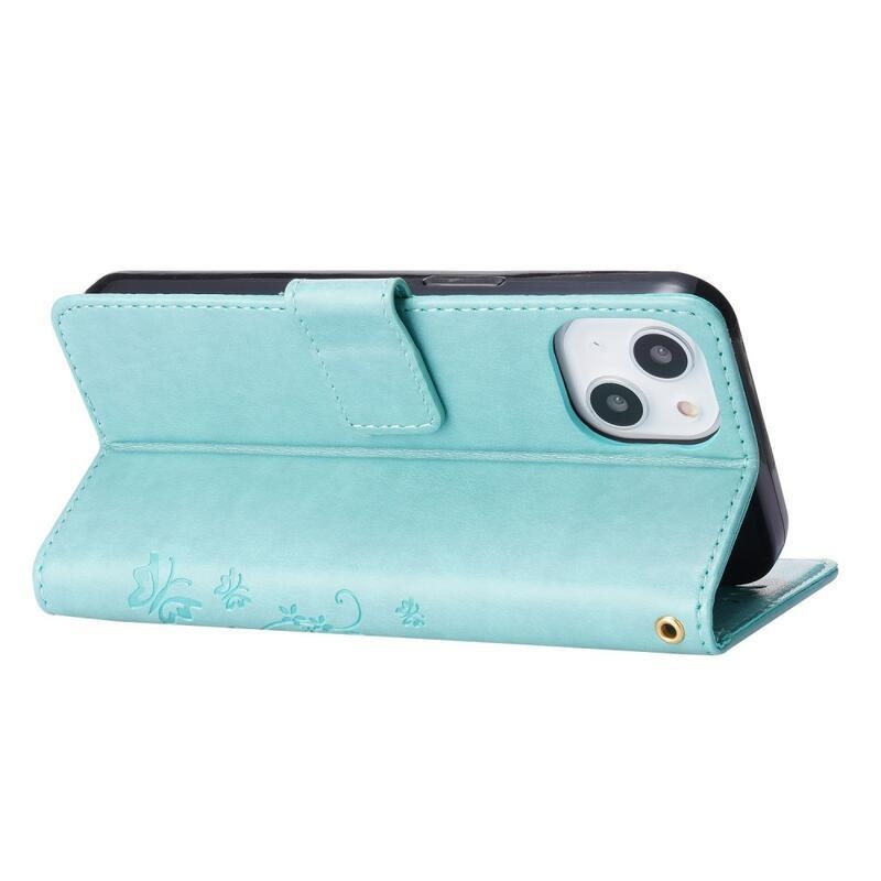 Virág PU bőr pénztárca tok iPhone 14 6.1 - cián színű