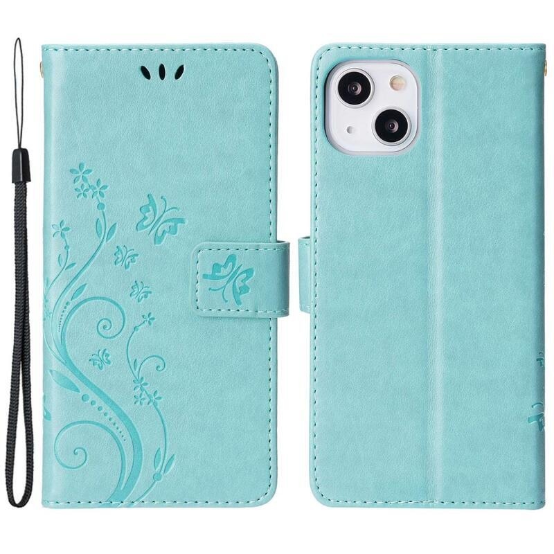 Virág PU bőr pénztárca tok iPhone 14 6.1 - cián színű