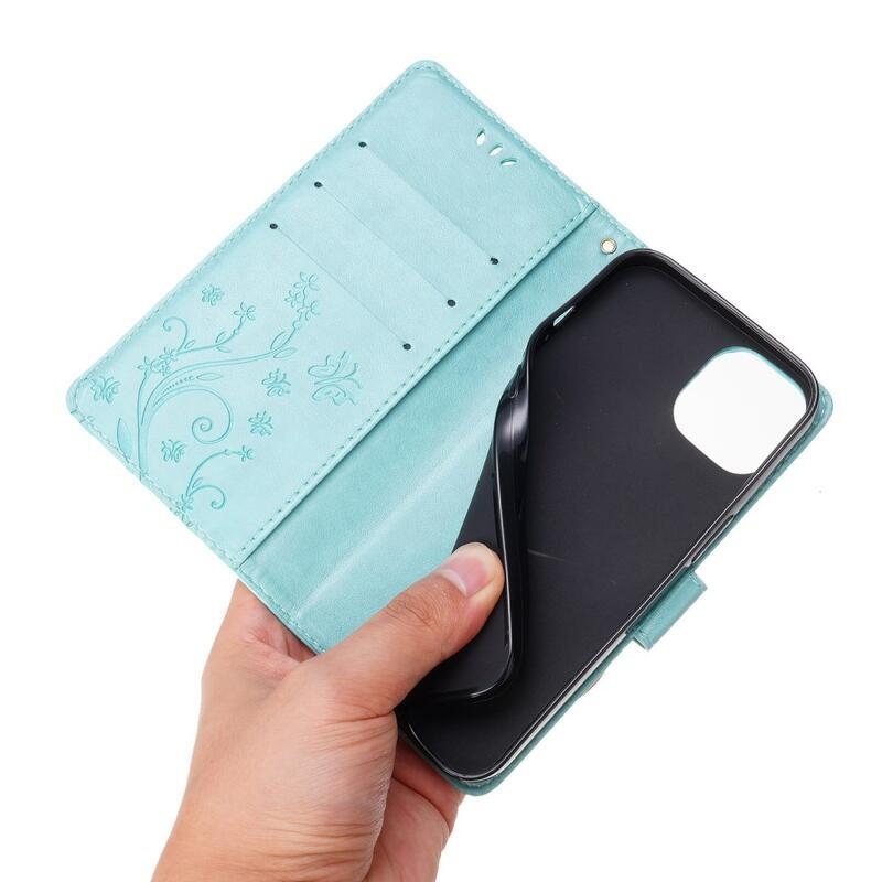 Virág PU bőr pénztárca tok iPhone 14 6.1 - cián színű