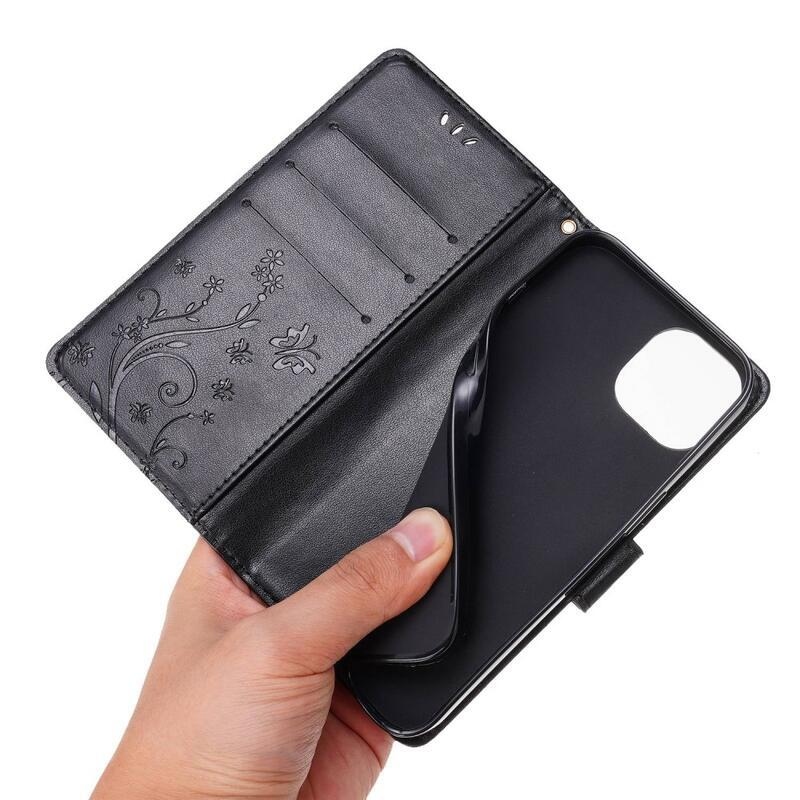 Virág PU bőr pénztárca tok iPhone 14 6.1 készülékhez - fekete