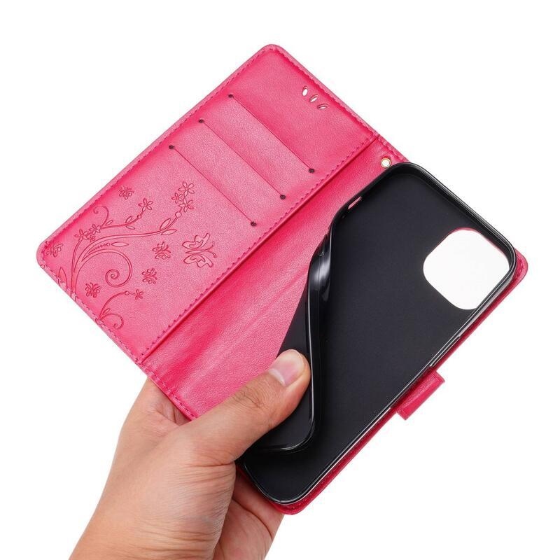 Virág PU bőr pénztárca tok iPhone 14 6.1 készülékhez - piros