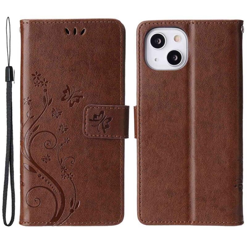 Virág PU bőr pénztárca tok iPhone 14 6.1 készülékhez - barna
