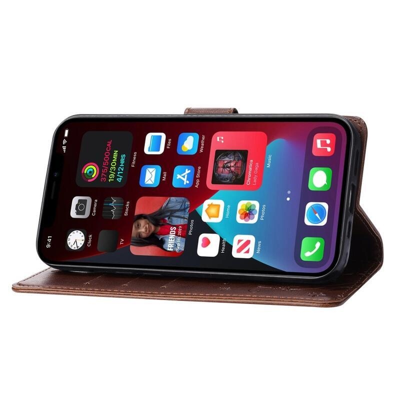 Virág PU bőr pénztárca tok iPhone 14 6.1 készülékhez - barna