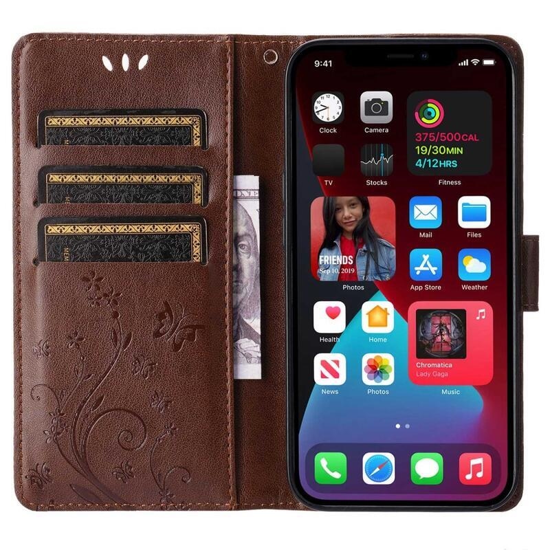 Virág PU bőr pénztárca tok iPhone 14 6.1 készülékhez - barna