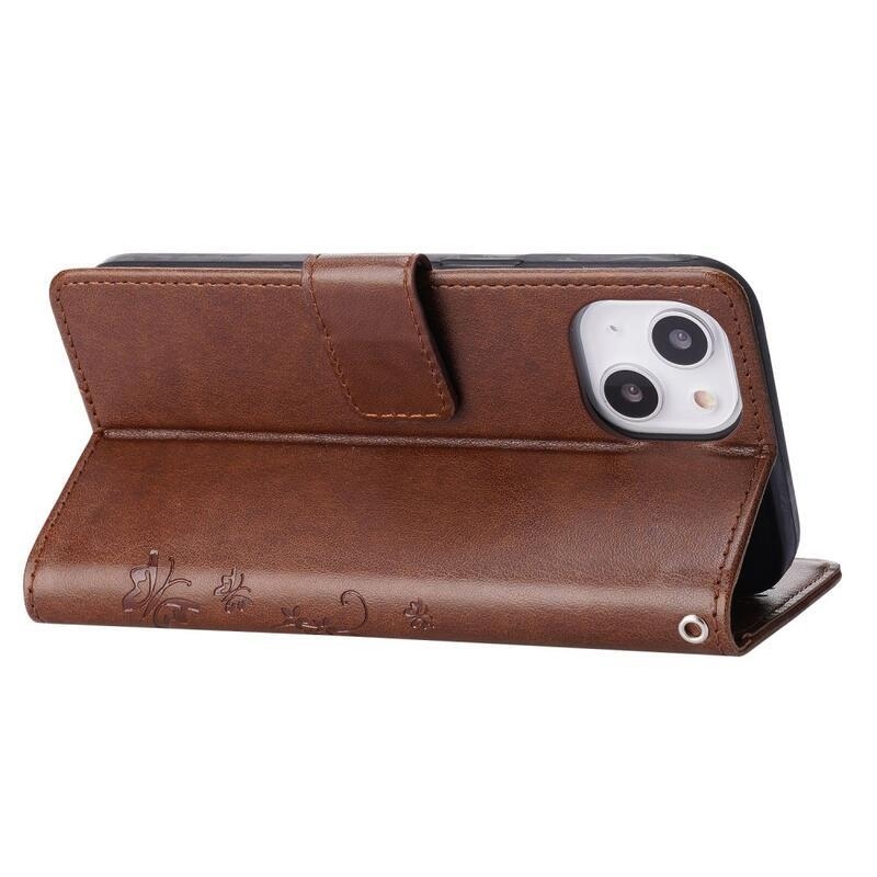 Virág PU bőr pénztárca tok iPhone 14 6.1 készülékhez - barna