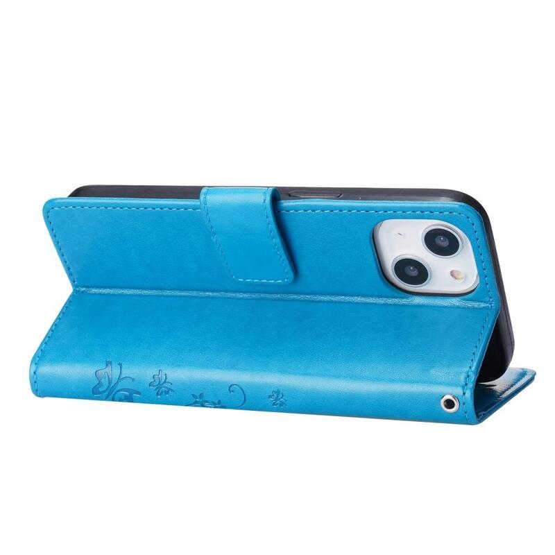 Virág PU bőr pénztárca tok iPhone 14 6.1 készülékhez - kék