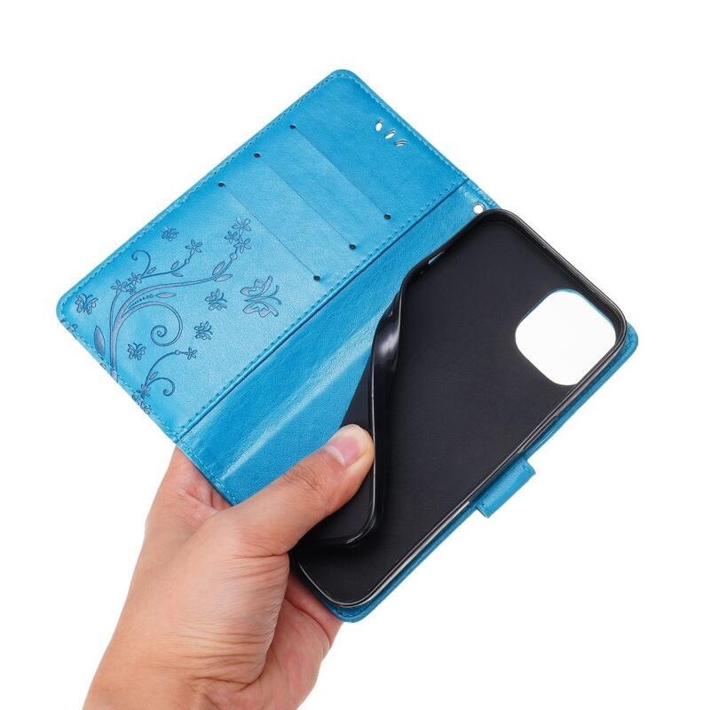 Virág PU bőr pénztárca tok iPhone 14 6.1 készülékhez - kék