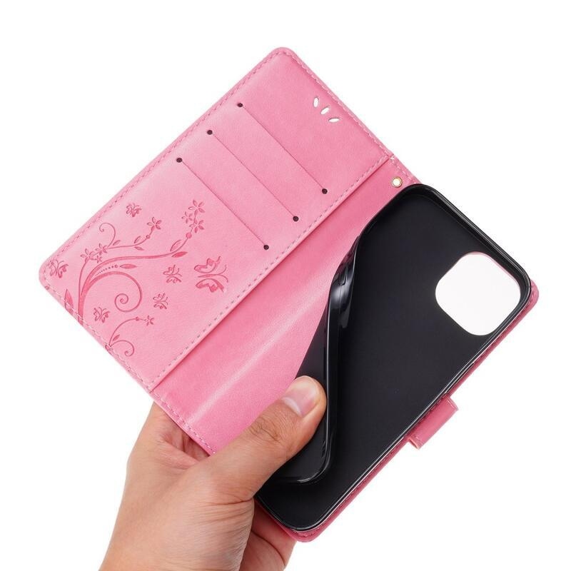 Virág PU bőr pénztárca tok iPhone 14 6.1 - rózsaszín - rózsaszín