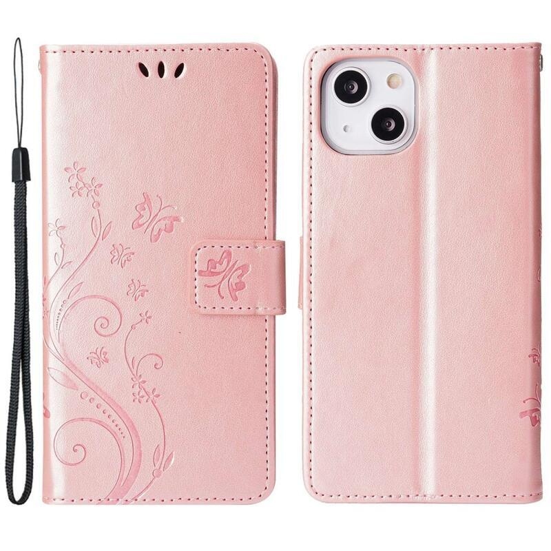 Virág PU bőr pénztárca tok iPhone 14 6.1 készülékhez - rózsa arany