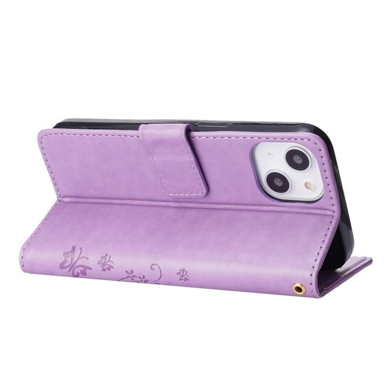 Virág PU bőr pénztárca tok iPhone 14 6.1 készülékhez - világos lila
