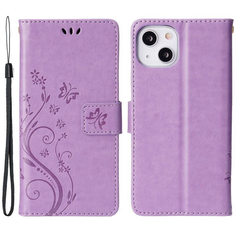 Virág PU bőr pénztárca tok iPhone 14 6.1 készülékhez - világos lila