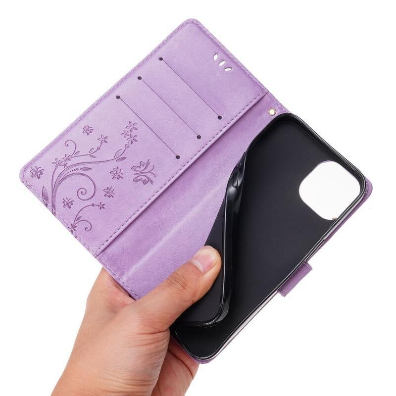 Virág PU bőr pénztárca tok iPhone 14 6.1 készülékhez - világos lila
