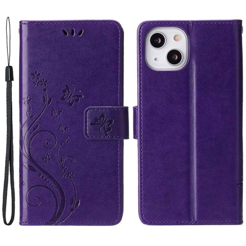 Virág PU bőr pénztárca tok iPhone 14 6.1 - sötétlila - iPhone 14 6.1 - sötétlila