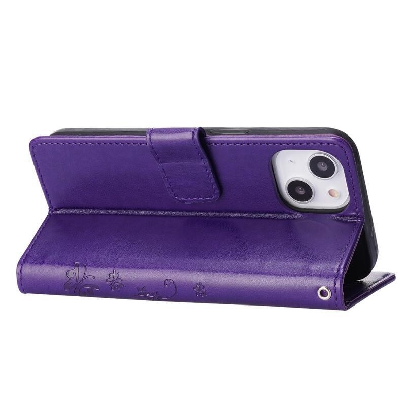 Virág PU bőr pénztárca tok iPhone 14 6.1 - sötétlila - iPhone 14 6.1 - sötétlila