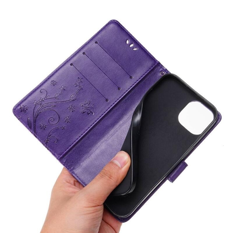 Virág PU bőr pénztárca tok iPhone 14 6.1 - sötétlila - iPhone 14 6.1 - sötétlila