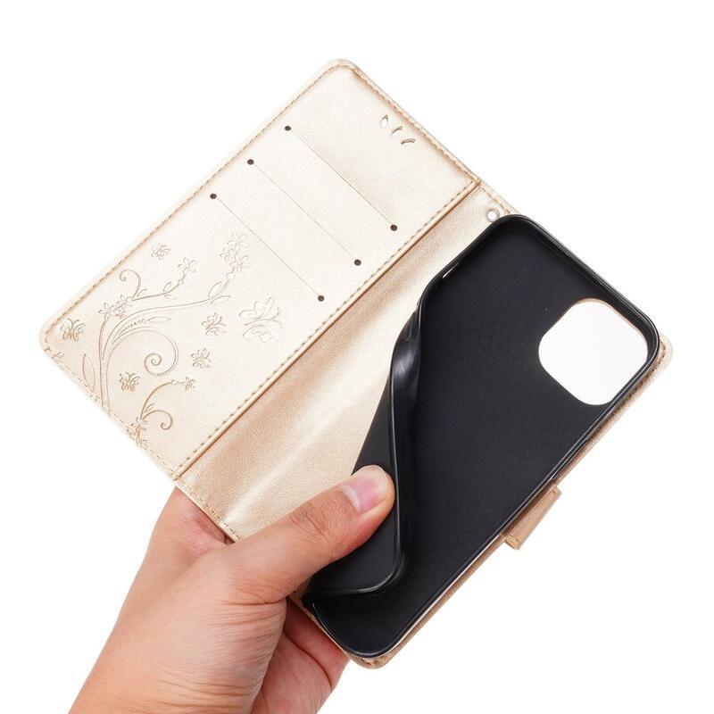 Virág PU bőr pénztárca tok iPhone 14 6.1 készülékhez - arany színben