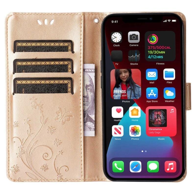 Virág PU bőr pénztárca tok iPhone 14 6.1 készülékhez - arany színben