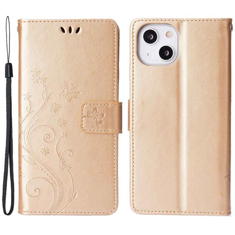 Virág PU bőr pénztárca tok iPhone 14 6.1 készülékhez - arany színben