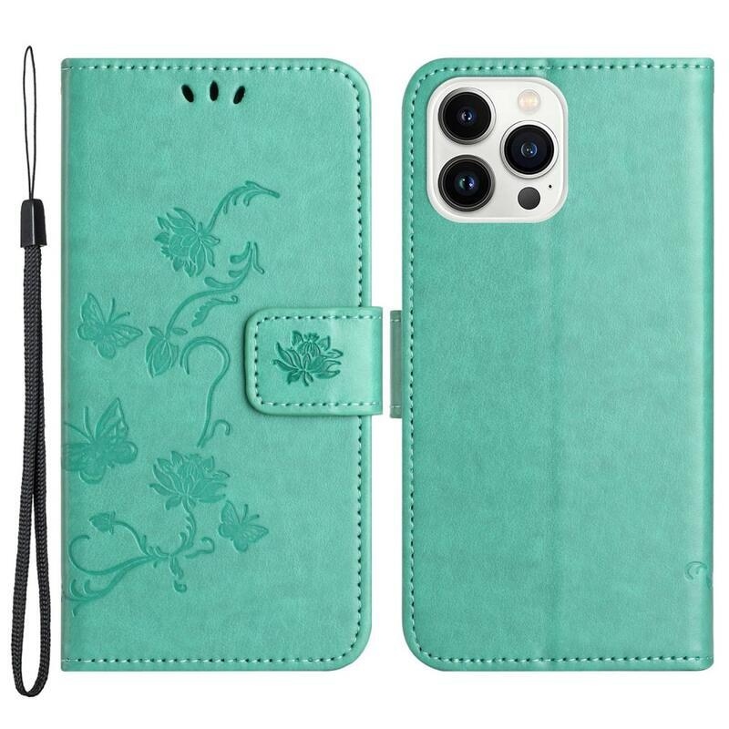 Virág PU bőr pénztárca tok iPhone 14 Pro 6.1 - cián színű