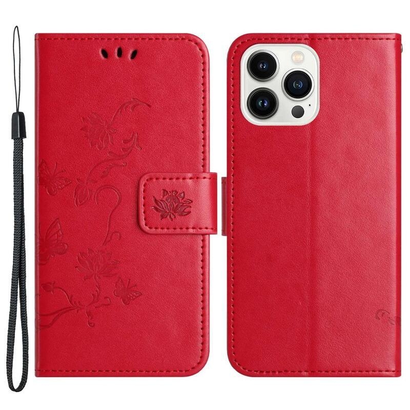Virág PU bőr pénztárca tok iPhone 14 Pro 6.1 készülékhez - piros