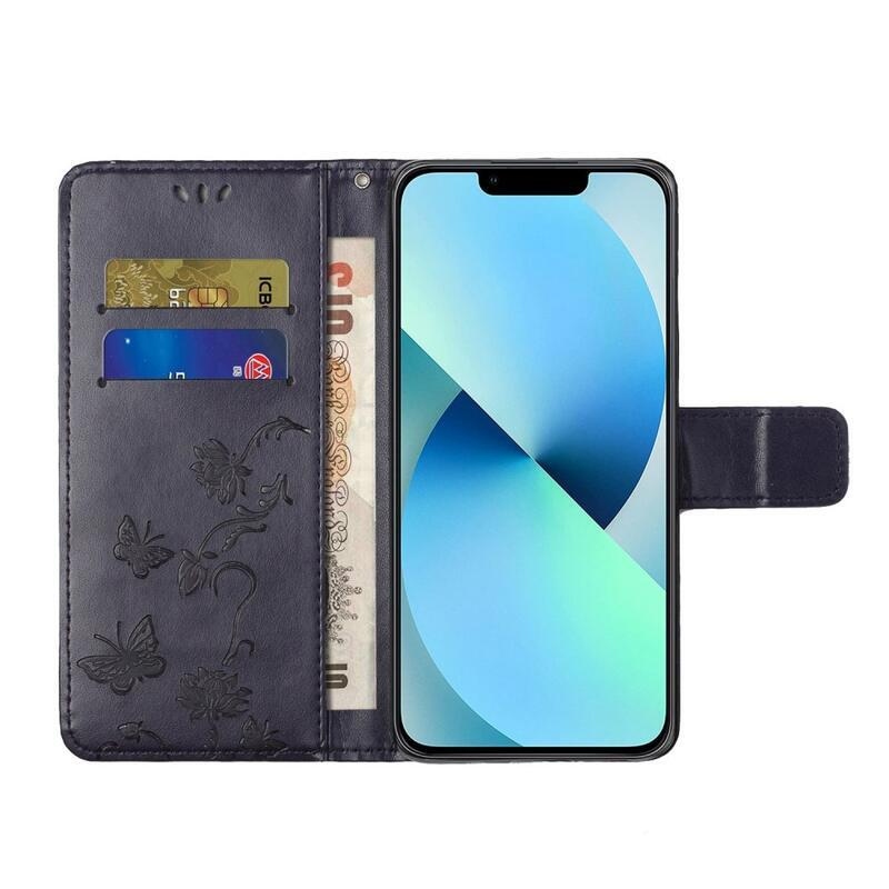 Virág PU bőr pénztárca tok iPhone 14 Pro 6.1 készülékhez - sötét lila