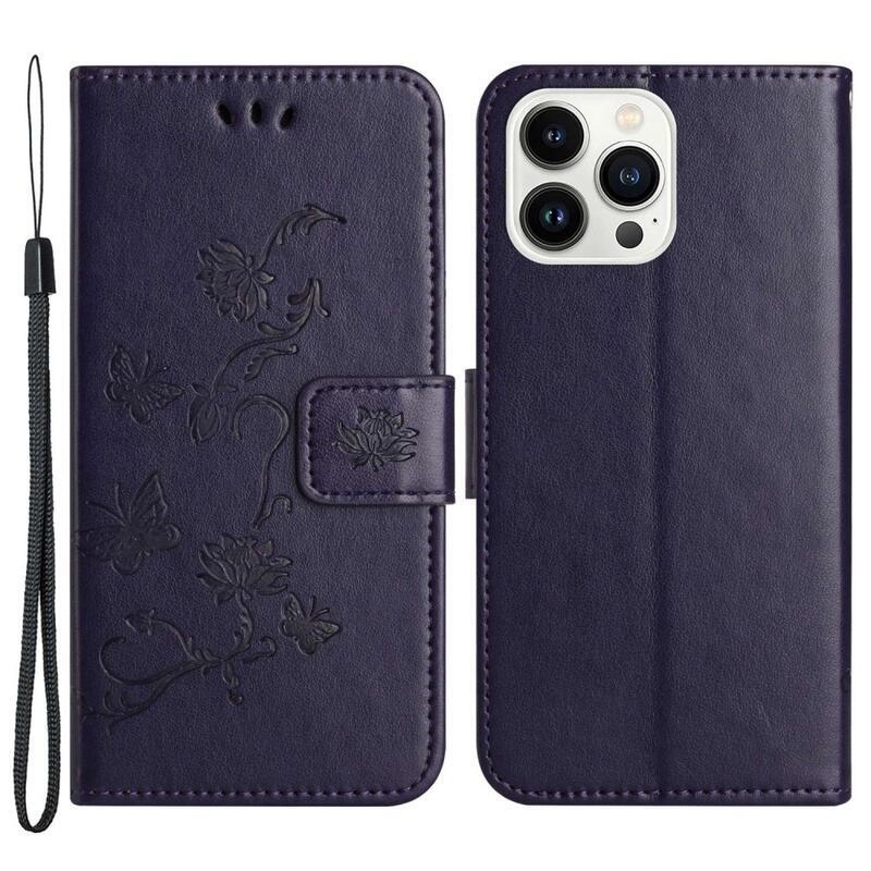 Virág PU bőr pénztárca tok iPhone 14 Pro 6.1 készülékhez - sötét lila