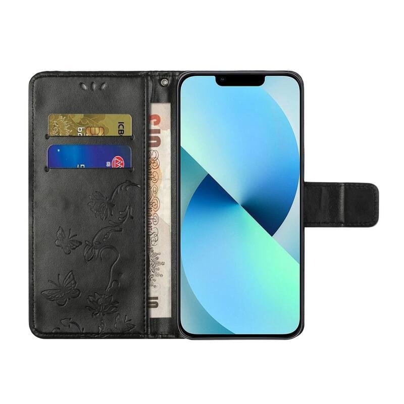 Virág PU bőr pénztárca tok iPhone 14 Pro Max 6.7 készülékhez - fekete