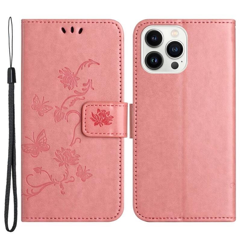 Virág PU bőr pénztárca tok iPhone 14 Pro Max 6.7 készülékhez - rózsaszín