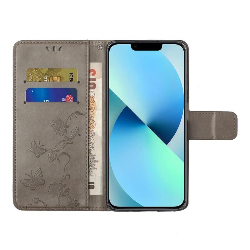 Virág PU bőr pénztárca tok iPhone 14 Pro Max 6.7 készülékhez - szürke