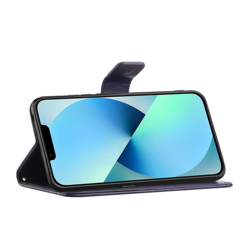 Virág PU bőr pénztárca tok iPhone 14 Pro Max 6.7 készülékhez - sötét lila