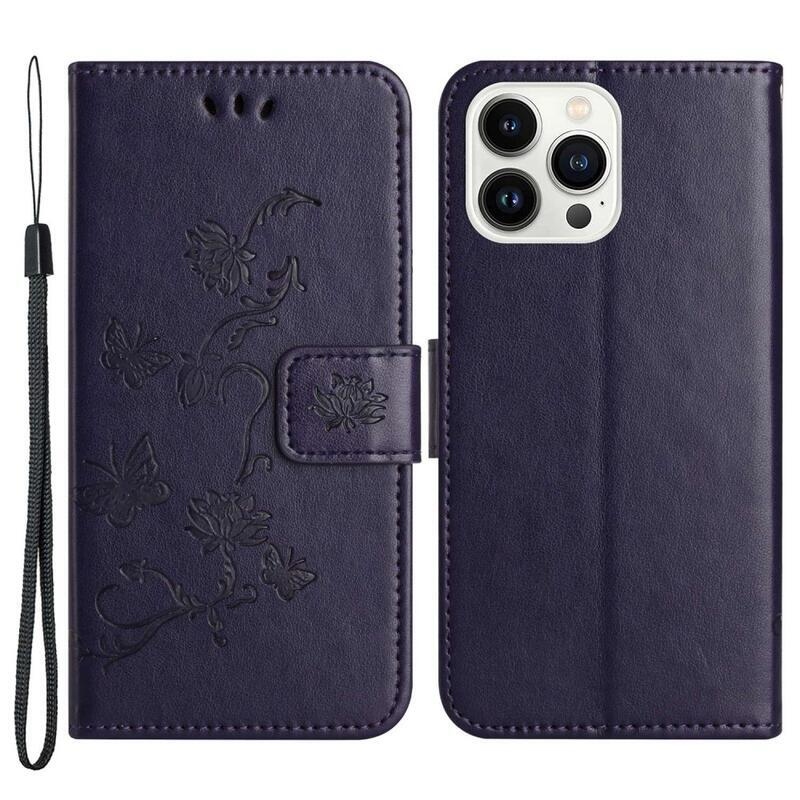Virág PU bőr pénztárca tok iPhone 14 Pro Max 6.7 készülékhez - sötét lila