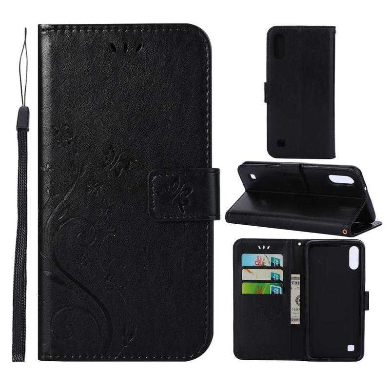 Virág PU bőr pénztárca tok Samsung Galaxy A10 készülékhez - fekete