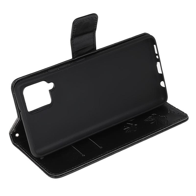 Virág PU bőr pénztárca tok Samsung Galaxy A12/M12 készülékhez - fekete