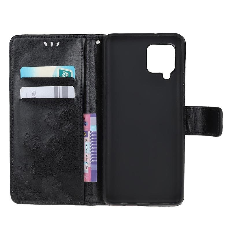 Virág PU bőr pénztárca tok Samsung Galaxy A12/M12 készülékhez - fekete