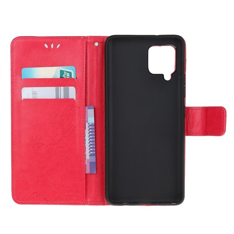 Virág PU bőr pénztárca tok Samsung Galaxy A12/M12 készülékhez - piros