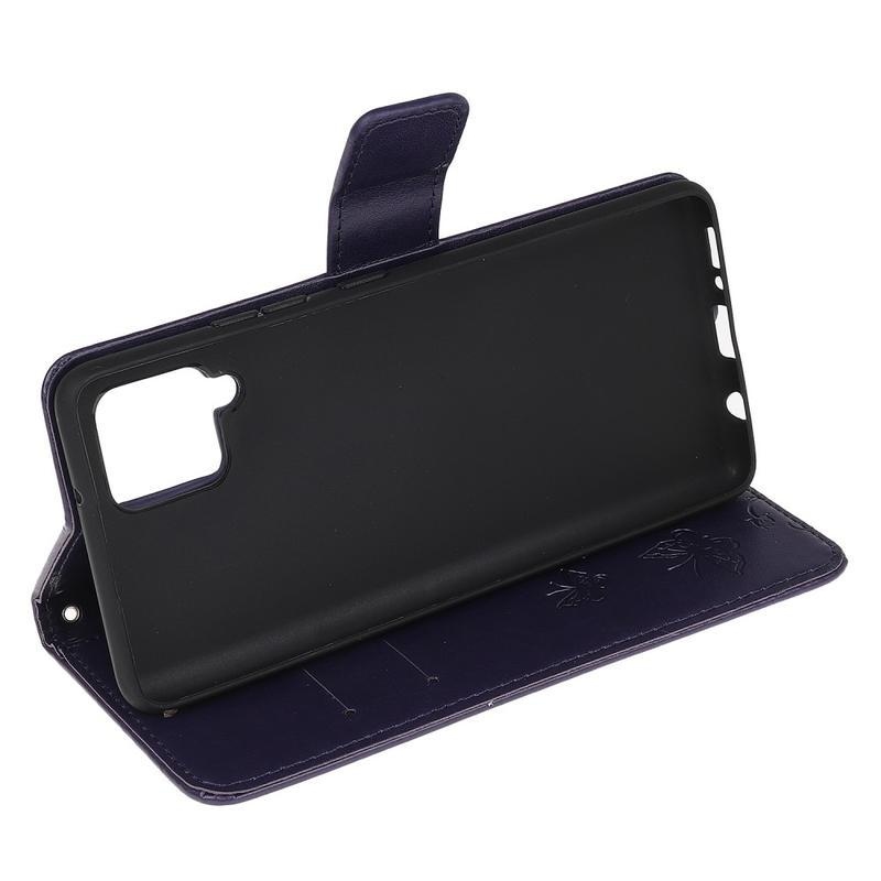 Virág PU bőr pénztárca tok Samsung Galaxy A12/M12 - sötét lila