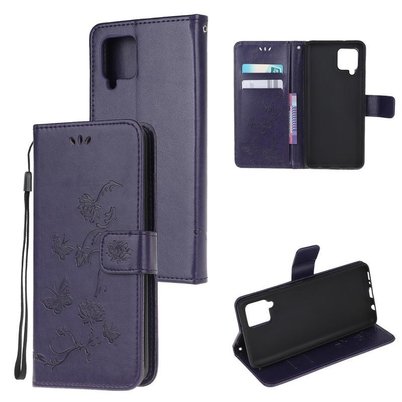 Virág PU bőr pénztárca tok Samsung Galaxy A12/M12 - sötét lila
