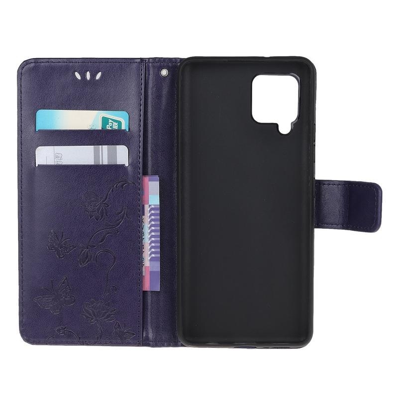 Virág PU bőr pénztárca tok Samsung Galaxy A12/M12 - sötét lila