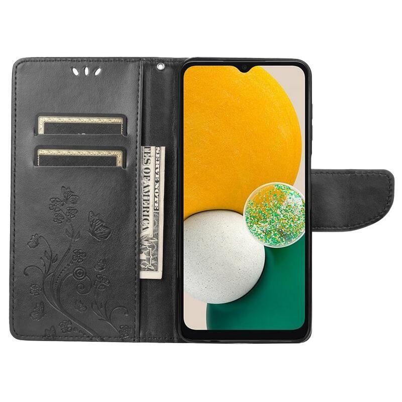 Virág PU bőr pénztárca tok Samsung Galaxy A13 4G-hoz - fekete