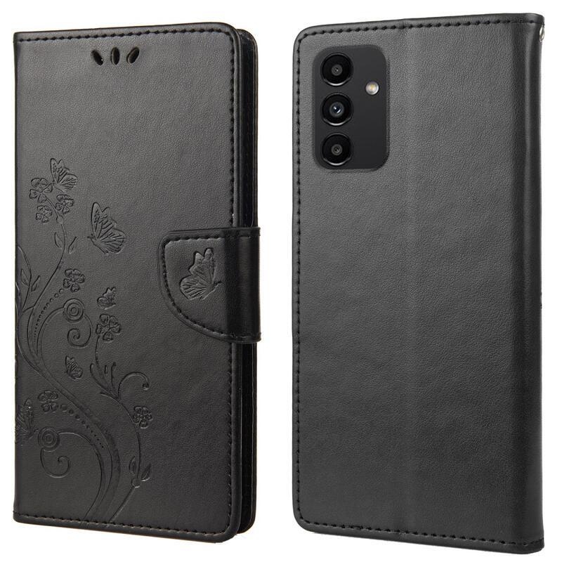 Virág PU bőr pénztárca tok Samsung Galaxy A13 4G-hoz - fekete