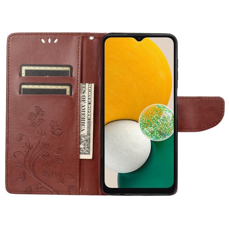 Virág PU bőr pénztárca tok Samsung Galaxy A13 4G-hoz - barna