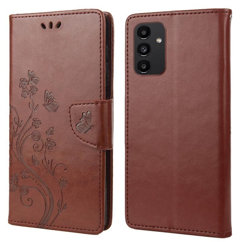 Virág PU bőr pénztárca tok Samsung Galaxy A13 4G-hoz - barna