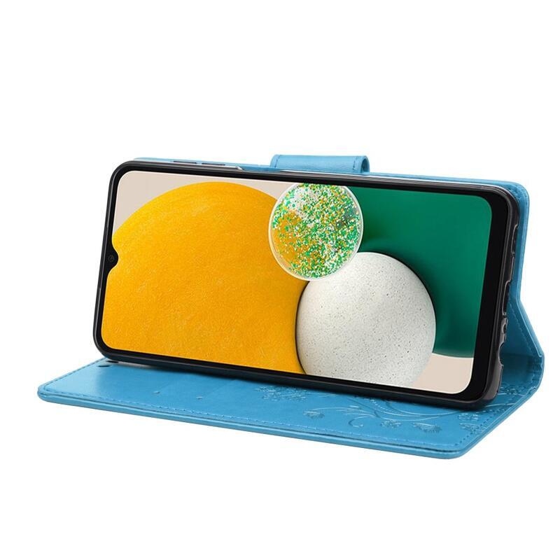 Virág PU bőr pénztárca tok Samsung Galaxy A13 4G-hoz - kék