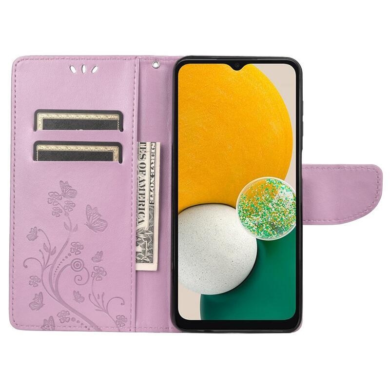Virág PU bőr pénztárca tok Samsung Galaxy A13 4G - világos lila