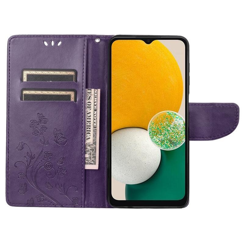 Virág PU bőr pénztárca tok Samsung Galaxy A13 4G - sötét lila