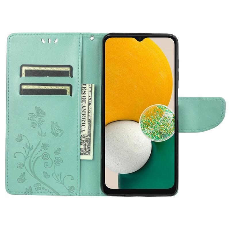 Virág PU bőr pénztárca tok Samsung Galaxy A13 4G-hoz - zöld