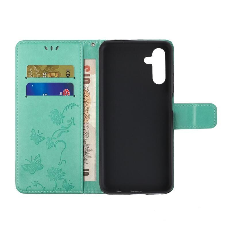 Virág PU bőr pénztárca tok Samsung Galaxy A13 5G/Galaxy A04s (164.7 x 76.7 x 9.1 mm) - ciánkék színű