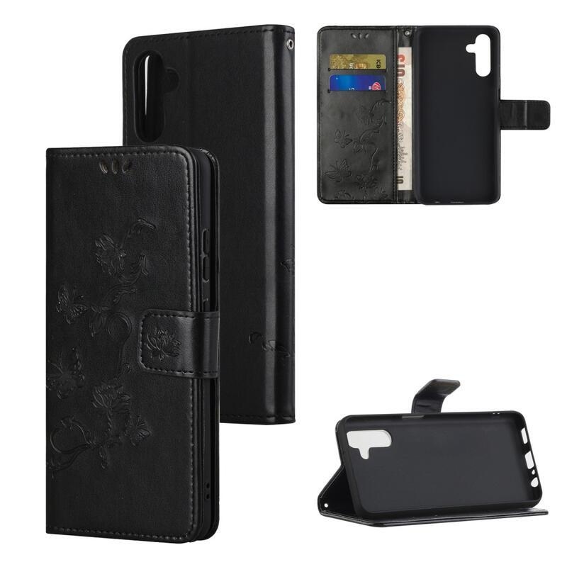 Virág PU bőr pénztárca tok Samsung Galaxy A13 5G/Galaxy A04s (164.7 x 76.7 x 9.1 mm) - fekete